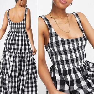 Gingham‎ Ruffle Tiered Maxi Dress Babydoll 100% Cotton Smocked Country Size 14